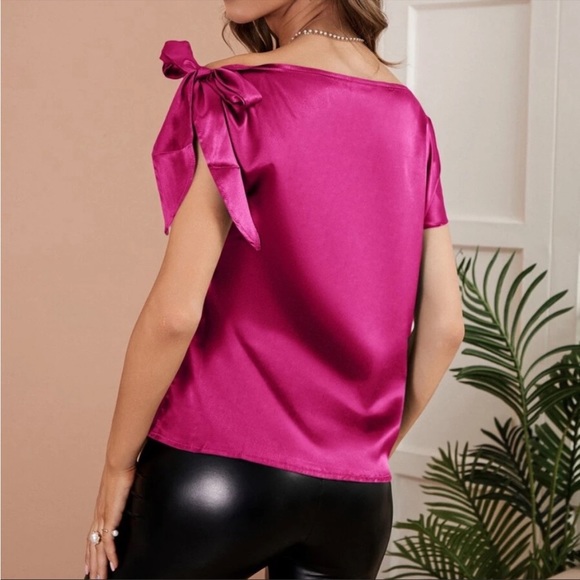 Luxe Hot Pink Satin One Shoulder Minimalist Blouse XS S M L - Picture 4 of 4
